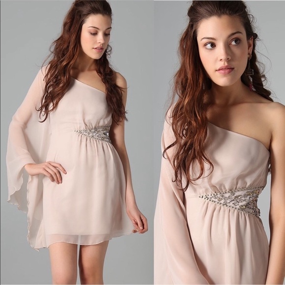 Free People Dress Size 2 Fairy One Shoulder Chiffon Goddess Champagne beaded P - Picture 1 of 8